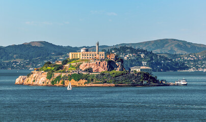 A view towards the Alcatraz island from the cruise terminal in San Francisco in early springtime