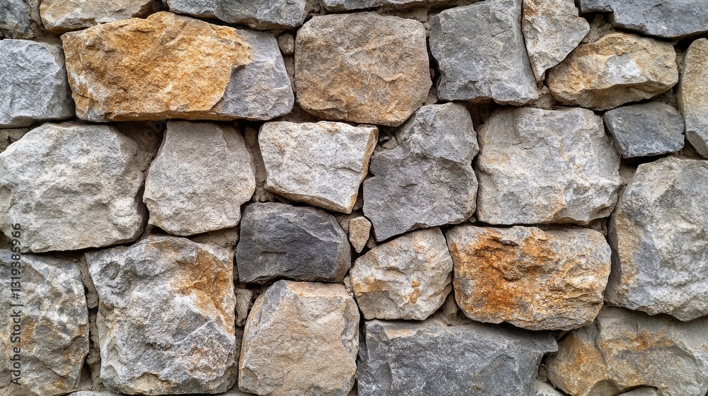 Poster a sturdy wall constructed from various shapes and colors of natural stones presents a beautiful disp