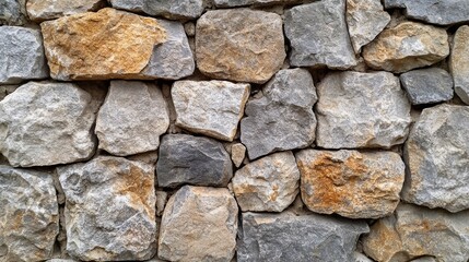 Obraz premium A sturdy wall constructed from various shapes and colors of natural stones presents a beautiful display of rustic texture. The combination of gray, beige, and orange stones adds warmth and intrigue