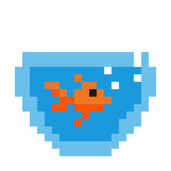 Goldfish in a glass jar. Pixel art goldfish with bubbles in a glass jar