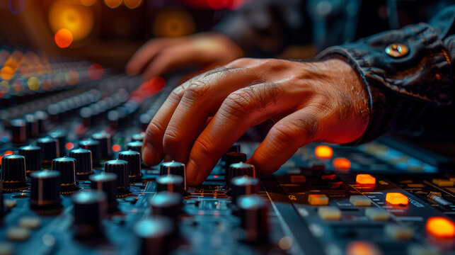 Audio engineer hand at a mixing board in a recording studio, close up image, music mixing and mastering