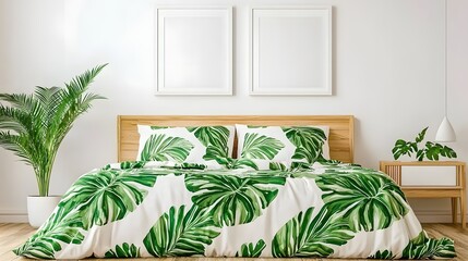 Modern Bedroom Interior Design Featuring Tropical Green Leaf Patterns on Bedding and Minimalist Decor