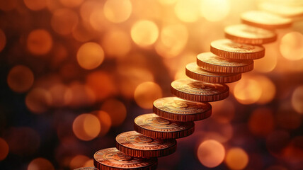 Obraz premium Gold coins on the steps of the stairs leading up. Career growth, business success.