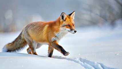 Obraz premium A red fox gracefully walks through a pristine, snow-covered landscape, its vibrant fur contrasting with the winter wonderland.