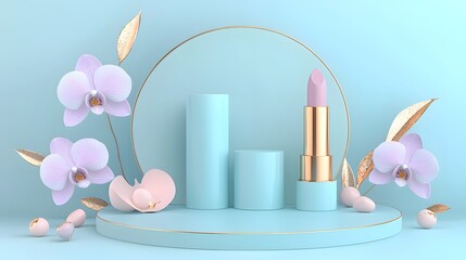 Elegant Makeup Display Featuring Lipstick and Orchids on a Pastel Blue Background