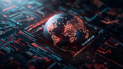 Striking 3D depicting the impact of a global trade war with a split globe representing the international economic tensions and market graphs visualizing the financial turmoil and volatility