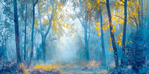Tranquil Misty Forest with Soft Morning Sunlight for Nature Photography, Relaxation, or Wallpaper Design