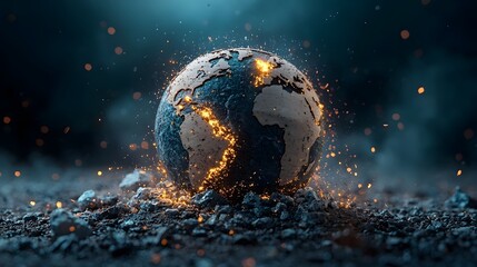 A 3D showcasing the impact of the global trade war with a split globe and intricate market graphs depicting the economic challenges and uncertain future