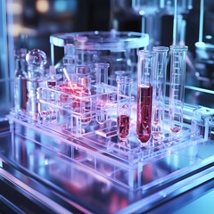 Transparent Laboratory Equipment with Red Chemicals and Modern Glassware in Scientific Research Environment