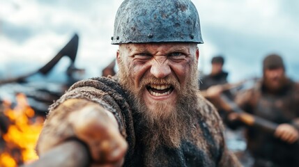 A fierce-looking warrior with a battle-hardened face holds a spear, embodying strength and determination in an intense battle scene against a dramatic backdrop.