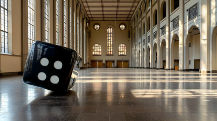 Large Black And White Dice Lies On A Polished Floor In A Vast Empty Hall With Sunlight Streaming Through Tall Windows