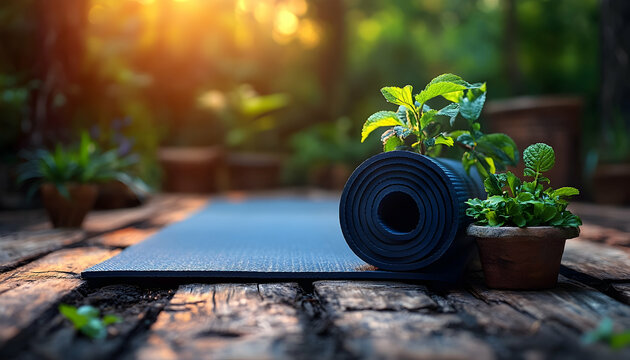 Rolled yoga mat rests on rustic wood outdoors, surrounded by vibrant green plants, bathed in warm sunlight.  Serene outdoor wellness scene