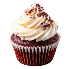 Red velvet cupcake with cream cheese frosting, isolated on a transparent background.