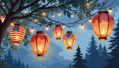 Obraz premium American-themed lanterns glowing at garden party night, festive celebration, U.S. Independence Day, Watercolor Style