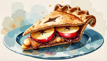 Retro apple pie slice on a plate, nostalgic celebration of independence, Watercolor Style