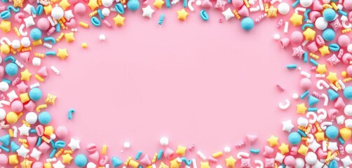Pastel sprinkles border frame on pink, central copy space Sugar dots & stars Festive bakery, cake decoration, pastel, candy