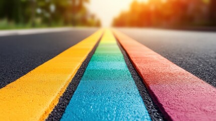 A vibrant road painted with rainbow stripes invites you to celebrate diversity and inclusion, showcasing bright colors that symbolize joy and unity among people.