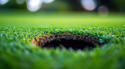 Close view of a golf hole on a lush green course during daylight hours