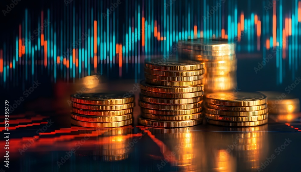 Aufkleber stacked coins with stock market graph background and digital elements