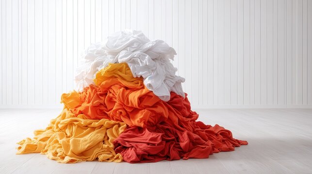 A striking pile of mixed fabric in vibrant shades of yellow, orange, and white sits in a minimalistic environment, showcasing a bold fusion of color and texture.