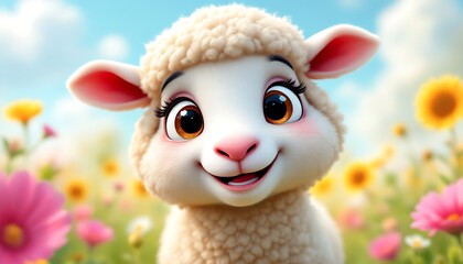 Adorable Lamb in Spring Flowers Cartoon Image