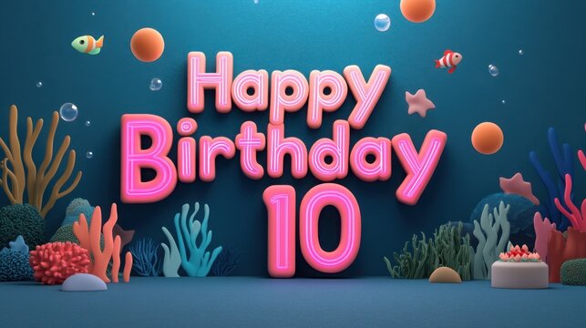 Glowing 3D Happy Birthday Underwater Theme with Colorful Coral and Bubbles
