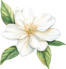 Fototapeta premium Elegant white jasmine flower with green leaves, botanical floral illustration, isolated transparent PNG, delicate petals and golden stamens.