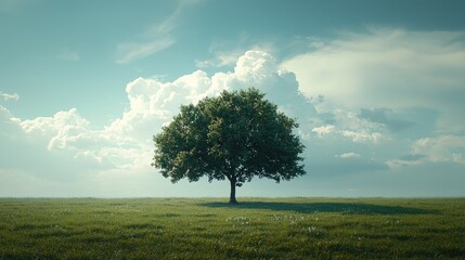 Lonely tree in an open field under a cloudy sky at golden hour