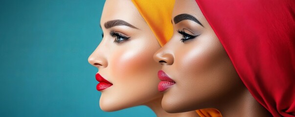 Elegant women in colorful headscarves with bold makeup in profile view. Ideal for beauty campaigns, fashion editorials, and diversity representation.