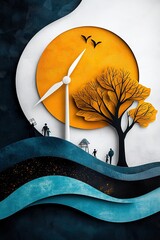 Abstract artistic representation of nature, wind energy, and human interaction with environment in vibrant colors and unique design elements