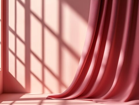 Pink Curtain in Sunlight: A soft pink curtain cascades gracefully, casting gentle shadows on a pink wall, with sunlight streaming through a window.
