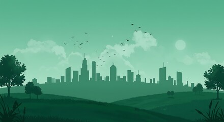 Fototapeta premium Stylized cityscape - Serenity and progress balance - For eco-conscious design or urban development presentations