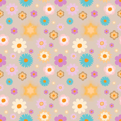 Seamless Retro Floral Pattern with Colorful Flowers