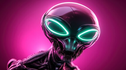 A captivating portrait of an alien figure showcases its intricate features highlighted by glowing eyes and sleek surfaces, evoking curiosity about extraterrestrial life.