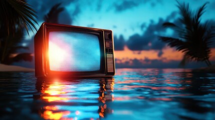 A retro television set stands uniquely in calm waters during sunset, creating a striking juxtaposition between technology and nature’s beauty in a surreal atmosphere.