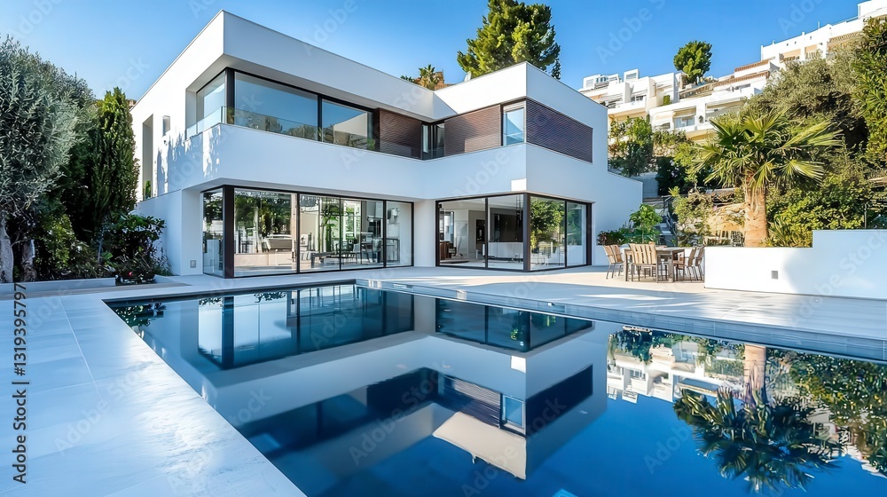 Poster contemporary minimalist home with clean lines modern poolside architectural design sunny environment
