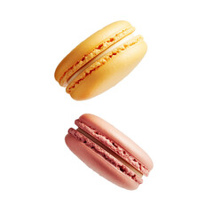 Colourful macrons flying in the air isolated on transparent white background, png. 