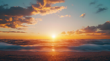 Fototapeta premium Golden Sunset Over Tranquil Ocean Waves at Sandy Beach with Vibrant Cloudscape
