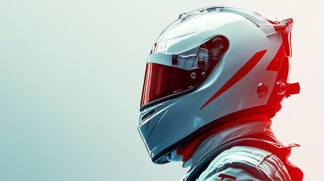 close up image of racing driver wearing white helmet, standing in a black background, car racer concept championship