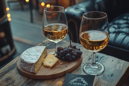 Wine and Cheese Still Life: Two glasses of white wine accompany a selection of cheeses and grapes presented on a rustic wooden board