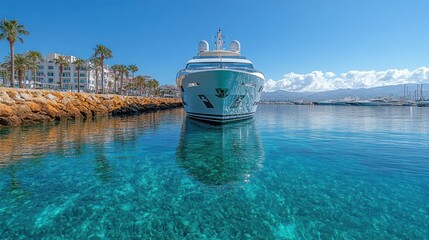 Luxurious yacht docked in crystal-clear turquoise water, with a coastal city backdrop