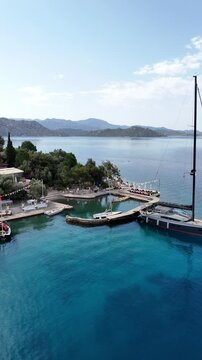 Vertical framing of aerial view of Bozburun district. Mugla city of Turkey