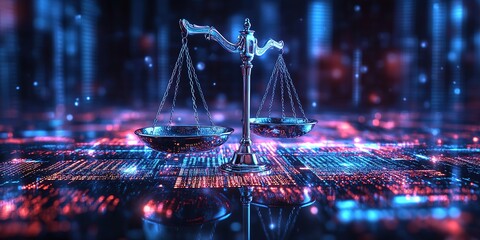 Law scales on background of data center. Digital law concept of duality of Judiciary, Jurisprudence and Justice and data in the modern world. Copy space. , 8k Resolution