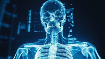 Glitch art displaying abstract xray scan of human skeleton in digital environment high-resolution gigapixel view
