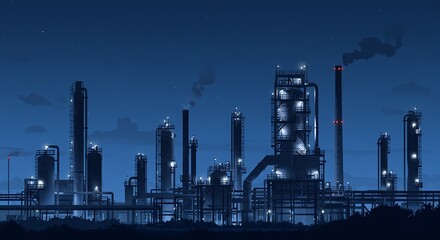 Stylized illustration of illuminated industrial refinery complex at twilight - energy production concept - for environmental awareness media.