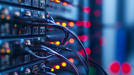 Naklejka premium Close Up Of Server Rack With Cables And Blinking Lights In Data Center With Blurred Background