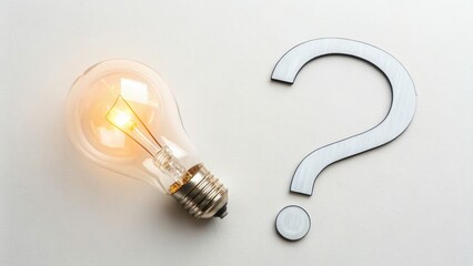 A glowing lightbulb next to a question mark on a white background, representing ideas, creativity, problem-solving, innovation, and curiosity.