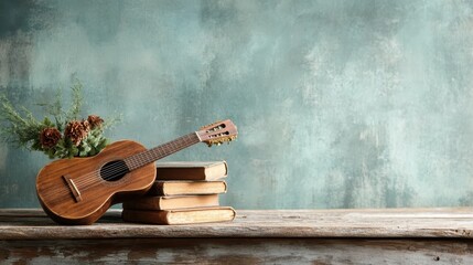 A charming wooden ukulele rests atop vintage books, with a beautiful background that emphasizes personal creativity and the deep connection between music and literature.