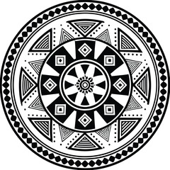 
A minimalist mandala with a central circular motif,
 surrounded by concentric layers of simplistic shapes like squares, triangles,
 and petals. The black line art is clean and bold,
 standing against