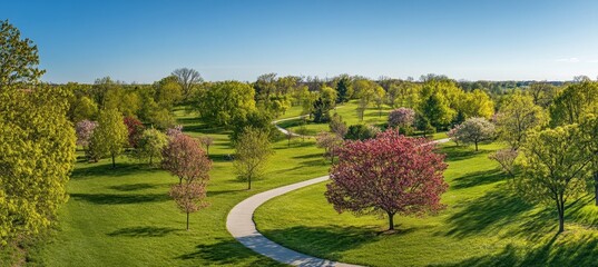 Fototapeta premium Serene Spring Landscape with Blossoming Trees and Curved Pathway in Bright Sunshine, Lush Green Grass, and Tranquil Nature Scene